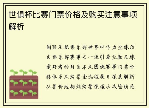 世俱杯比赛门票价格及购买注意事项解析