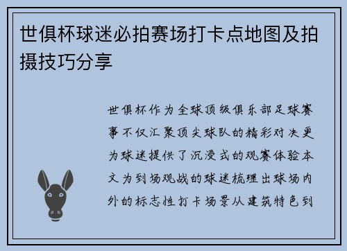 世俱杯球迷必拍赛场打卡点地图及拍摄技巧分享